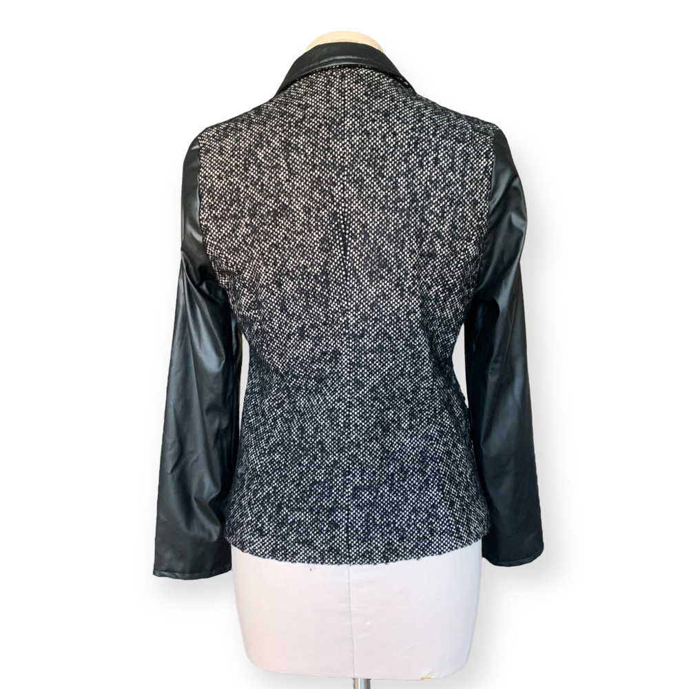 MICHAEL KORS Leather Wool Blend Tweed Sport Coat Jacket Blazer Black Fall Size 4 - Picture 5 of 11
